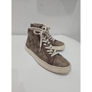 Coach Clip High Top Sneaker signature logo , Size 7 Beige Tan